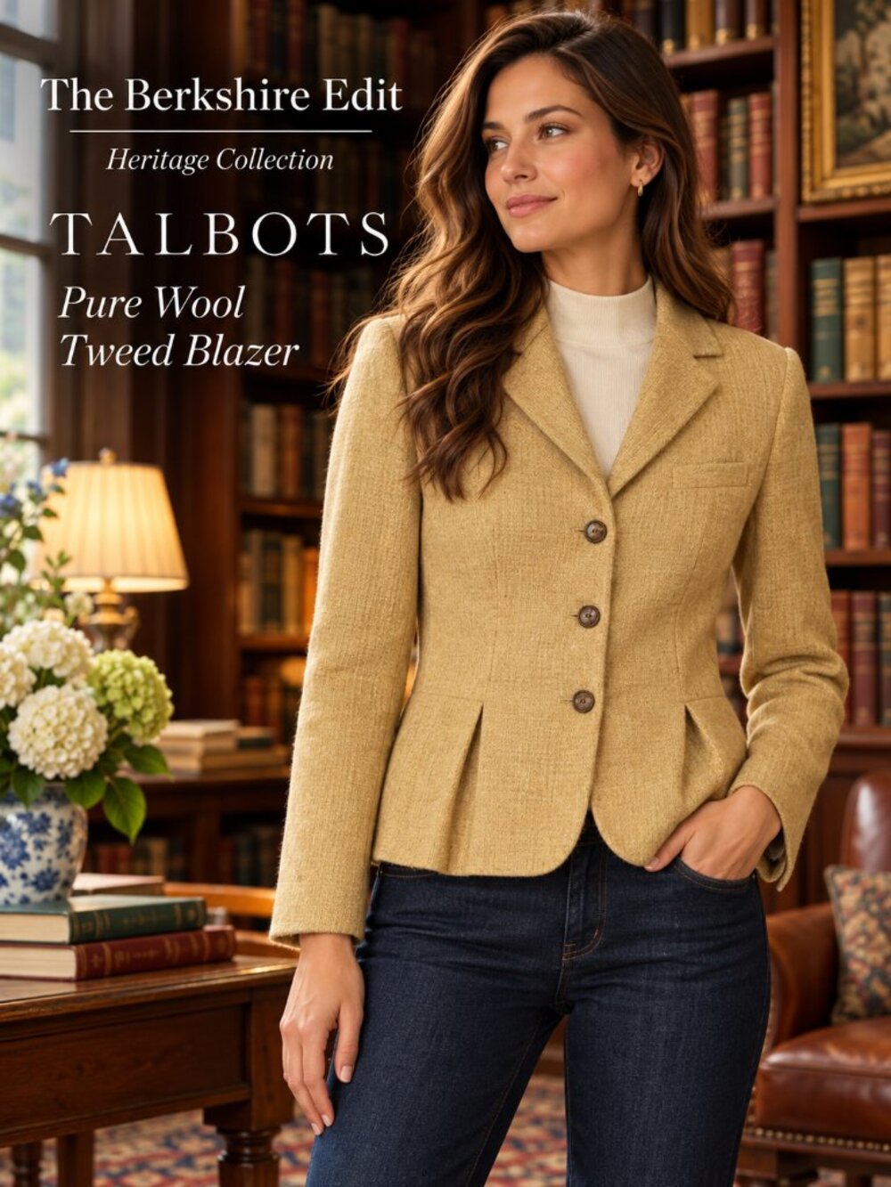 Talbots 100% Wool Tweed Blazer Camel Tan Pleated Hem Jacket Size 6